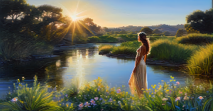 A beautiful natural spring in Carlsbad, California with a mystical Water Nymph by the water's edge during golden hour.