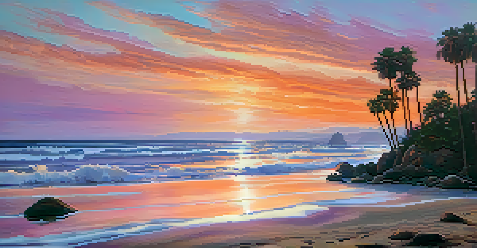 A sunset view of Carlsbad's coastline with waves, sandy beach, and silhouetted palm trees, reflecting vibrant colors in the ocean.