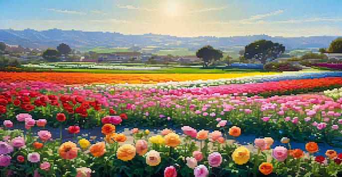 A colorful expanse of ranunculus flowers blooming in the Carlsbad Flower Fields with a clear blue sky and hills in the background.