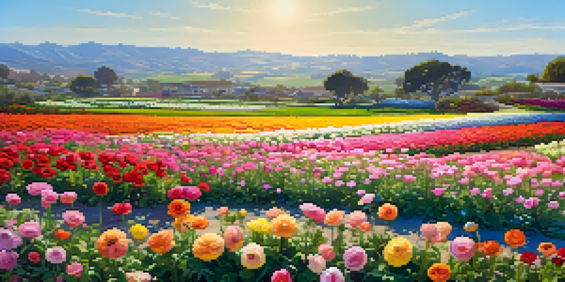 A colorful expanse of ranunculus flowers blooming in the Carlsbad Flower Fields with a clear blue sky and hills in the background.