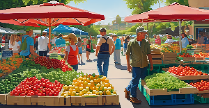 A lively farmers' market with colorful fresh produce and smiling farmers interacting with customers under the sunlight.