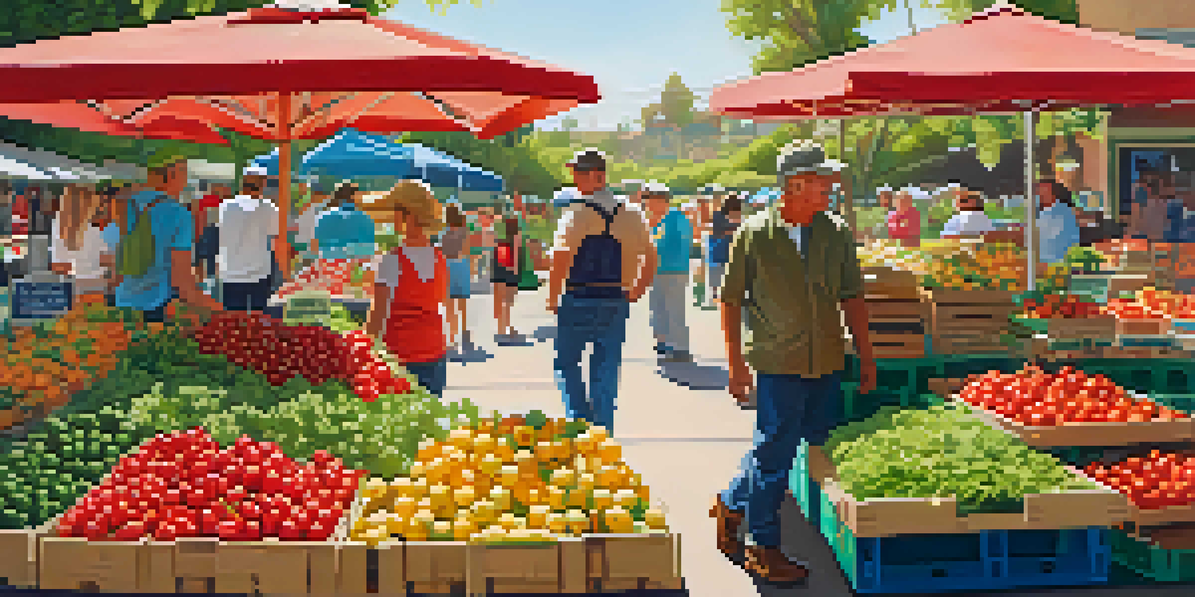 A lively farmers' market with colorful fresh produce and smiling farmers interacting with customers under the sunlight.