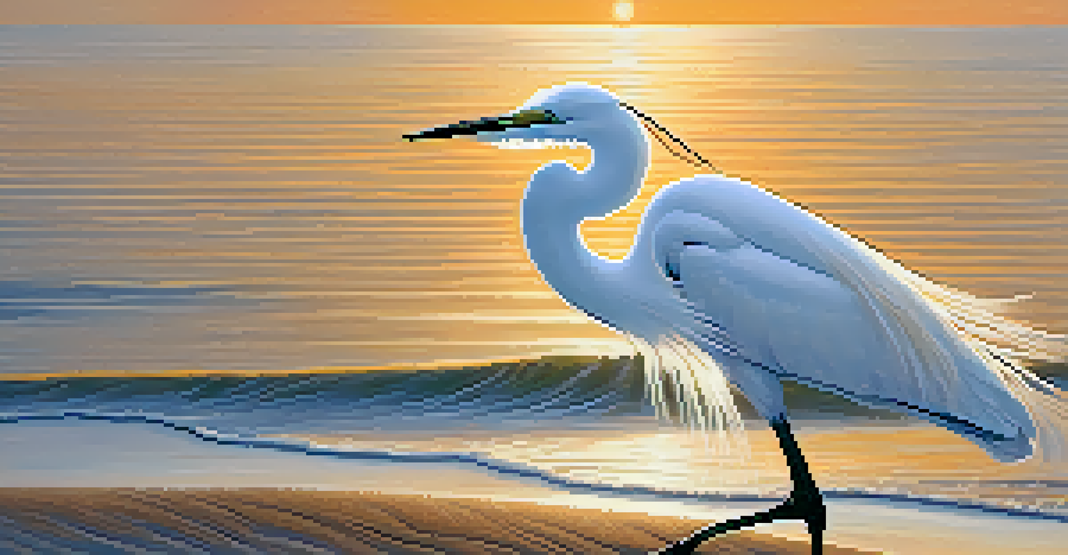 A great egret hunting on the sandy shore with the ocean in the background.
