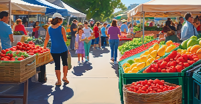 A lively farmers market scene with colorful stalls, fresh produce, and families enjoying their time together under warm sunlight.