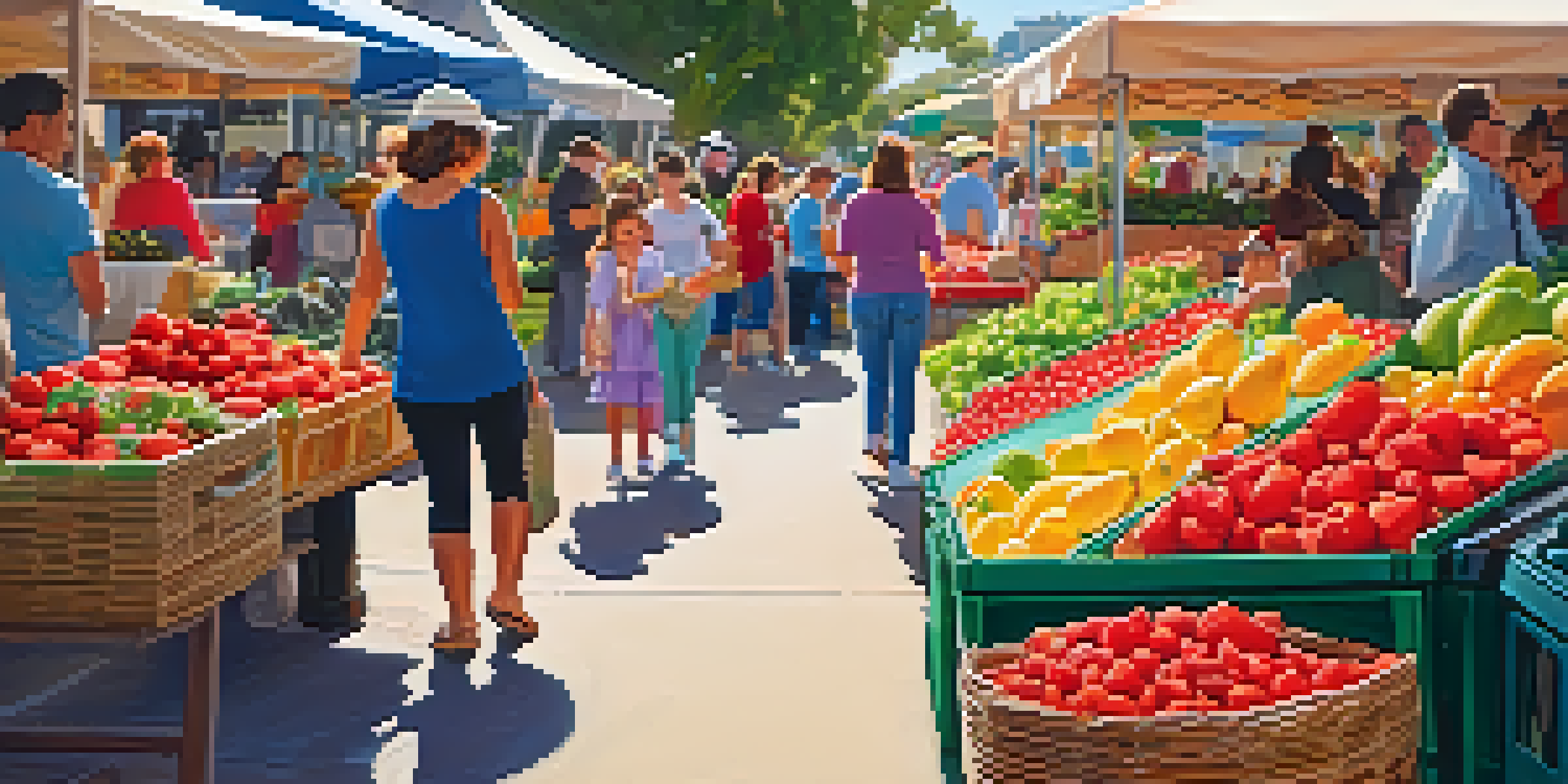 A lively farmers market scene with colorful stalls, fresh produce, and families enjoying their time together under warm sunlight.