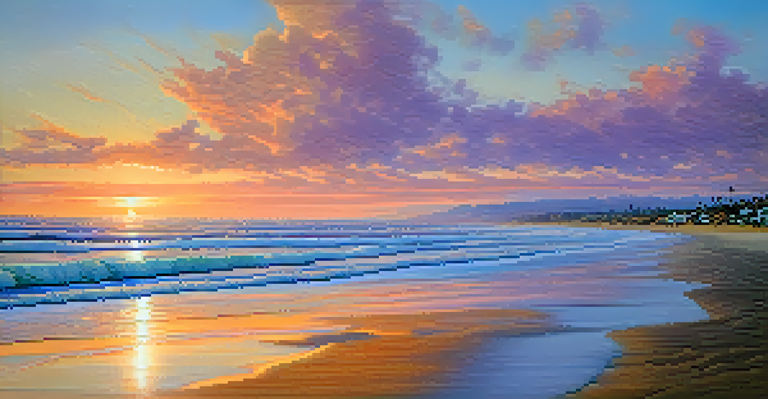A tranquil coastal sunset in Carlsbad with an artist painting on the beach, golden light reflecting on the waves, and a sky filled with orange and pink hues.