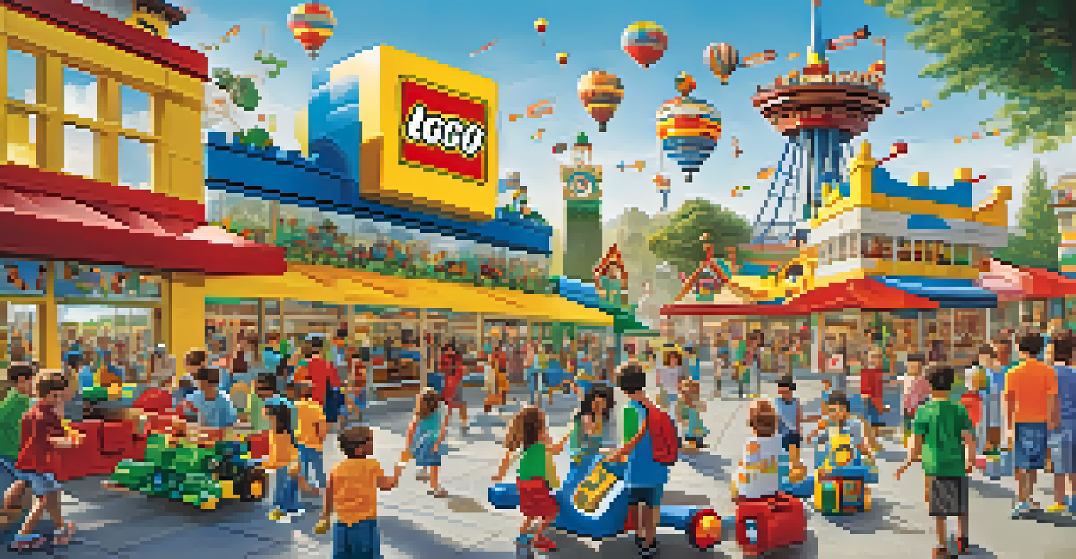 Children interacting with large LEGO structures at LEGOLAND California, with families enjoying rides and attractions.