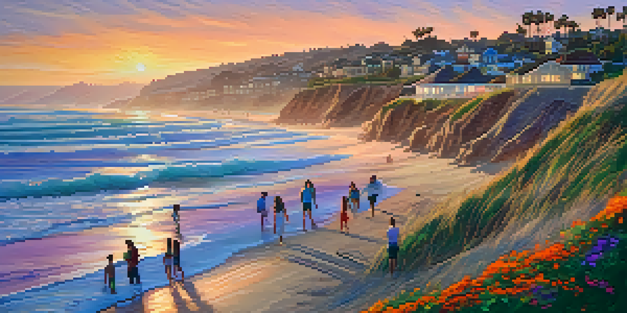 A picturesque sunset at South Carlsbad State Beach, with gentle waves, coastal cliffs, and a family having a picnic.