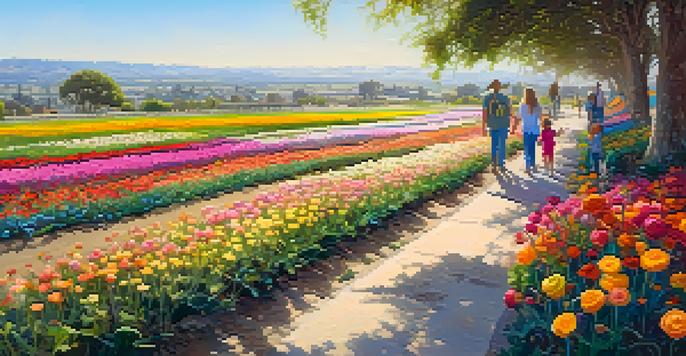 A scenic view of Carlsbad Flower Fields filled with blooming ranunculus flowers, with a family walking through the vibrant landscape on a sunny day.