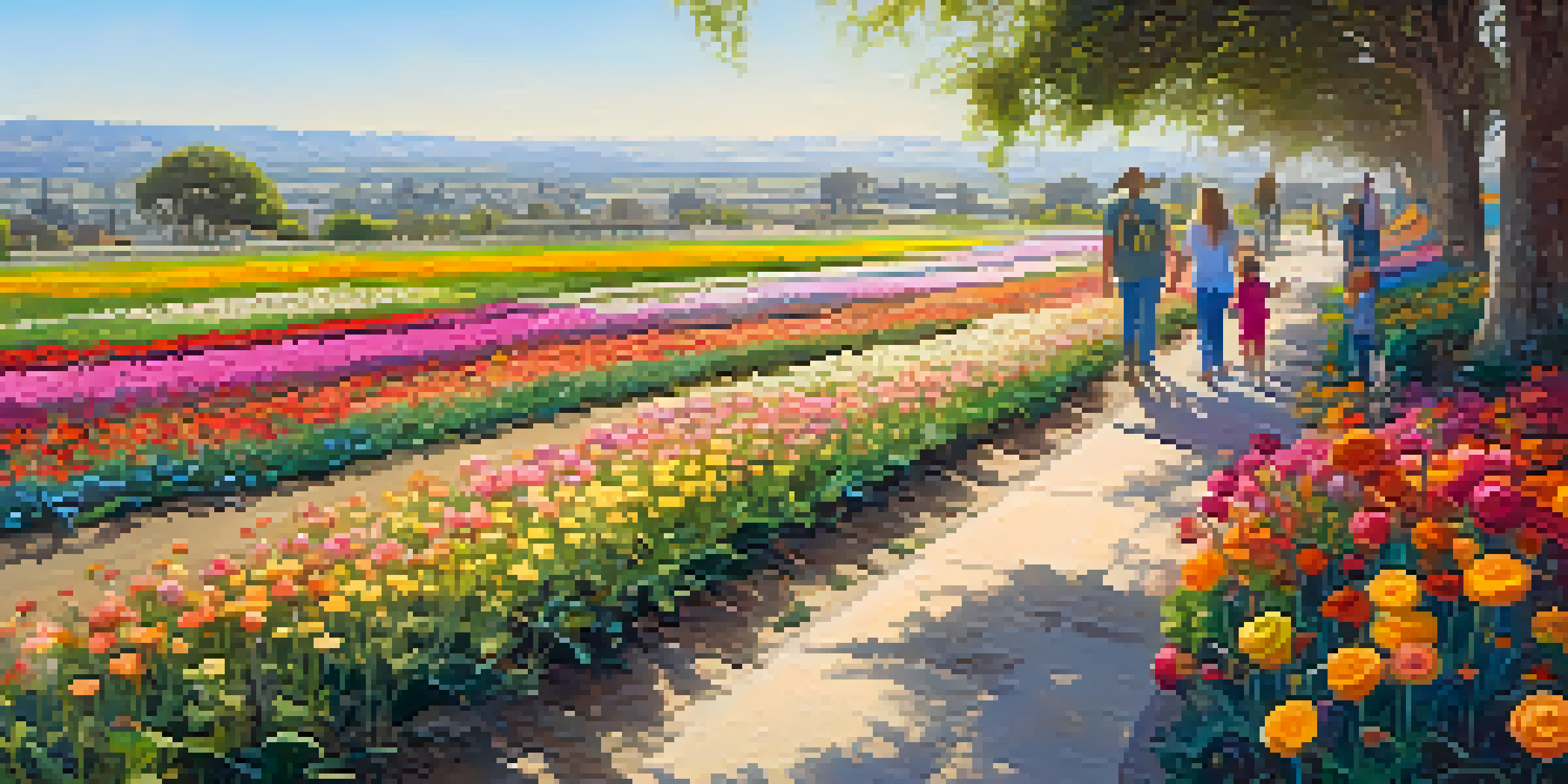 A scenic view of Carlsbad Flower Fields filled with blooming ranunculus flowers, with a family walking through the vibrant landscape on a sunny day.