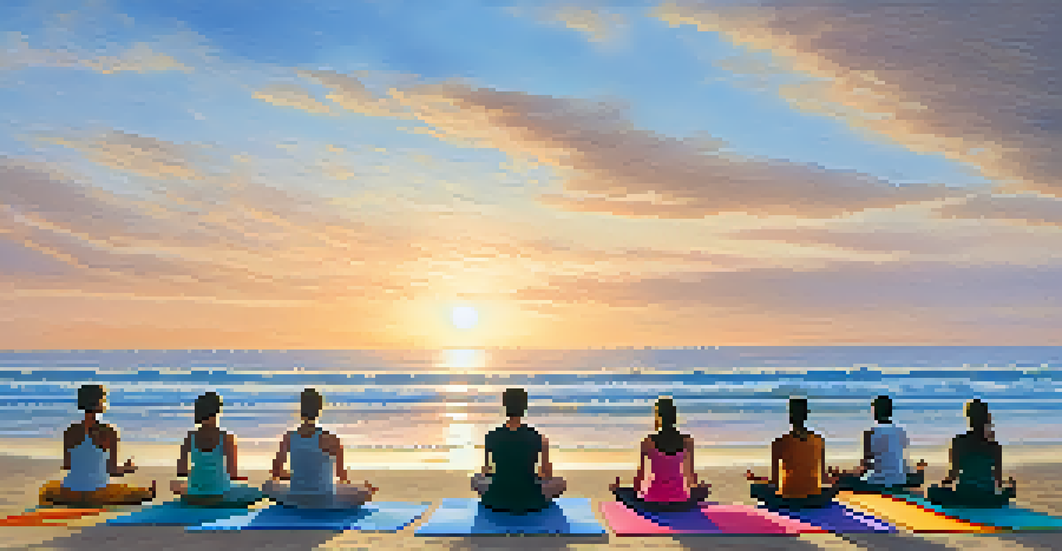 People practicing yoga on the beach at sunrise, with colorful mats and a calm ocean backdrop, illustrating a peaceful and rejuvenating environment.