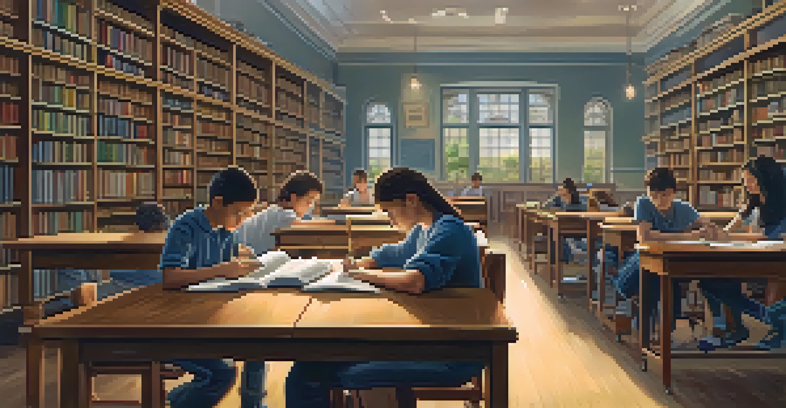 A serene school library with students from different backgrounds studying together at a table surrounded by bookshelves.