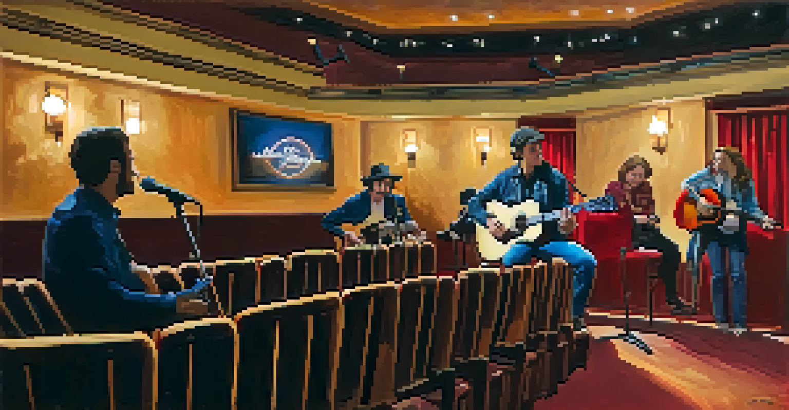 A solo musician performing on stage in a small, intimate theater with a captivated audience.