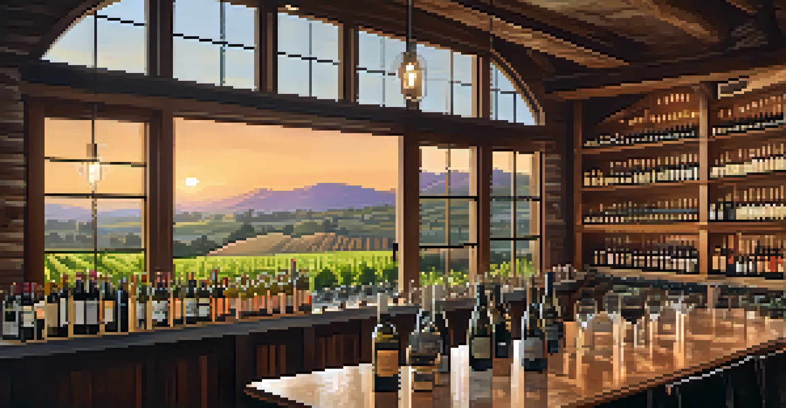 The interior of a rustic winery with a tasting bar and a charcuterie board, overlooking vineyards during sunset.