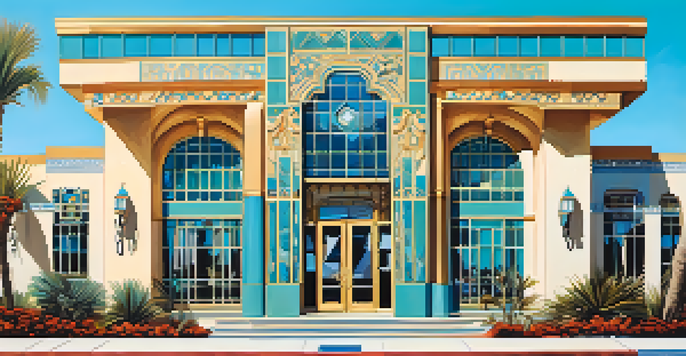 A colorful Art Deco building in Carlsbad, California, showcasing geometric shapes and decorative details under a bright blue sky.