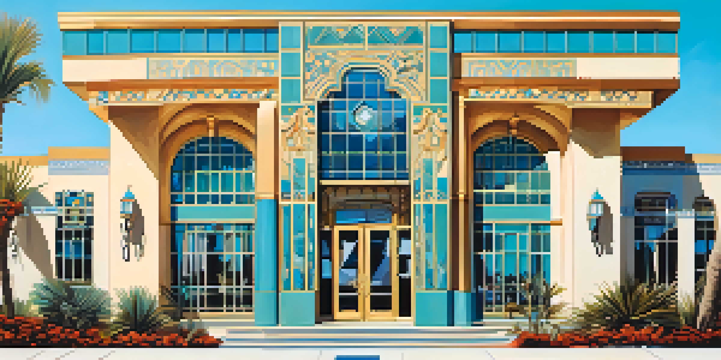 A colorful Art Deco building in Carlsbad, California, showcasing geometric shapes and decorative details under a bright blue sky.