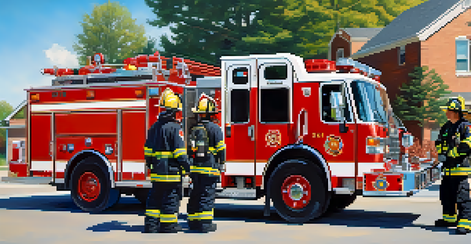 A diverse group of volunteer firefighters in uniforms smiling together in front of an emergency vehicle on a sunny day.