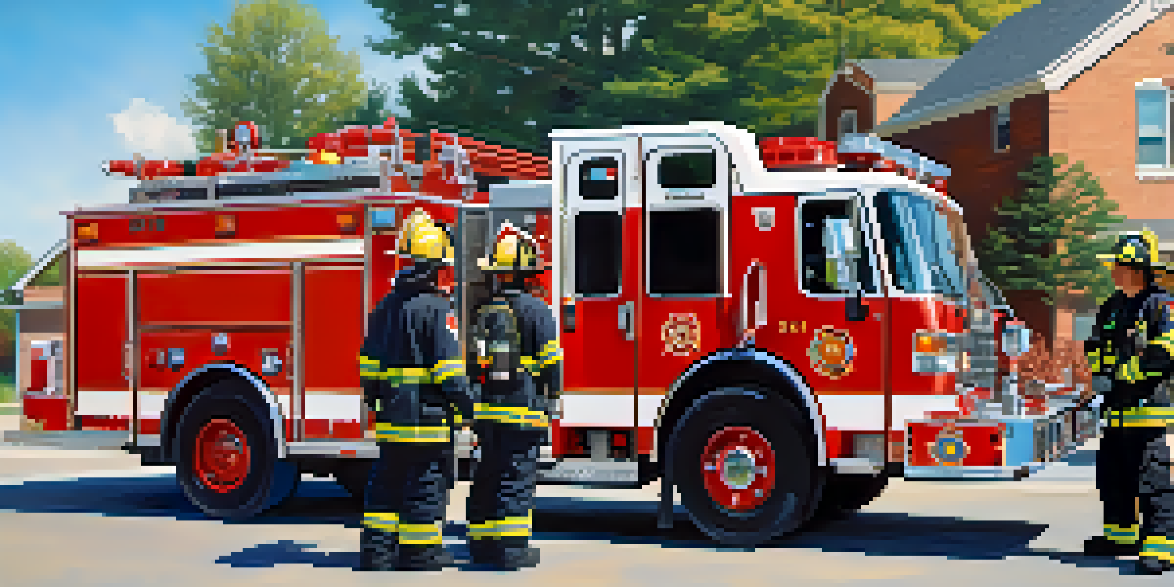 A diverse group of volunteer firefighters in uniforms smiling together in front of an emergency vehicle on a sunny day.