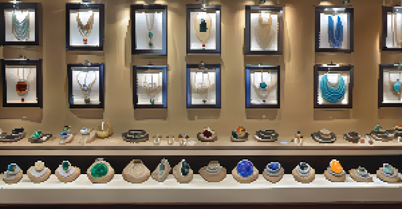 A display of handcrafted jewelry with unique pieces featuring California-native gemstones, set against a soft textured background with warm lighting.