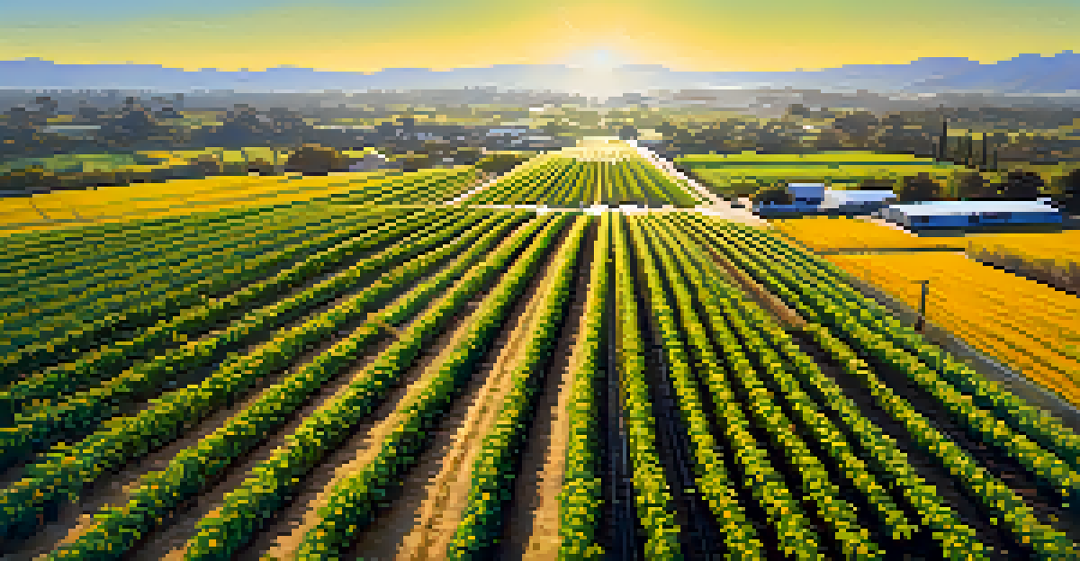An aerial view of Carlsbad's orchards with farmers loading fresh produce onto a train, surrounded by vibrant fields of avocado and citrus trees.