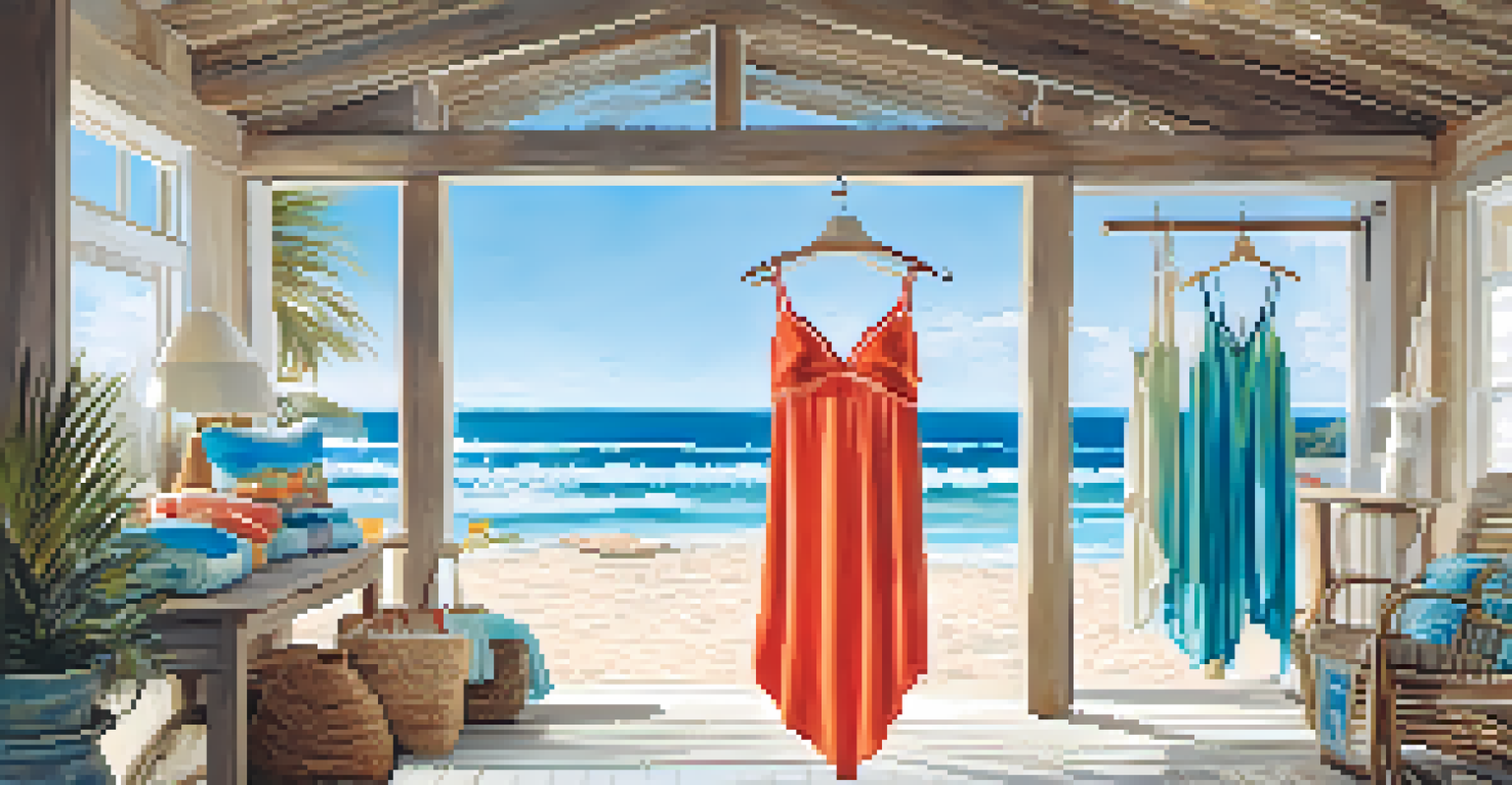 A sunny outdoor boutique displaying stylish beachwear with ocean waves in the background.