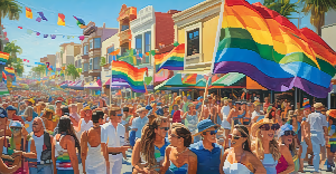 A lively parade with colorful floats, participants in costumes, and a cheering crowd at Carlsbad's Pride Festival.