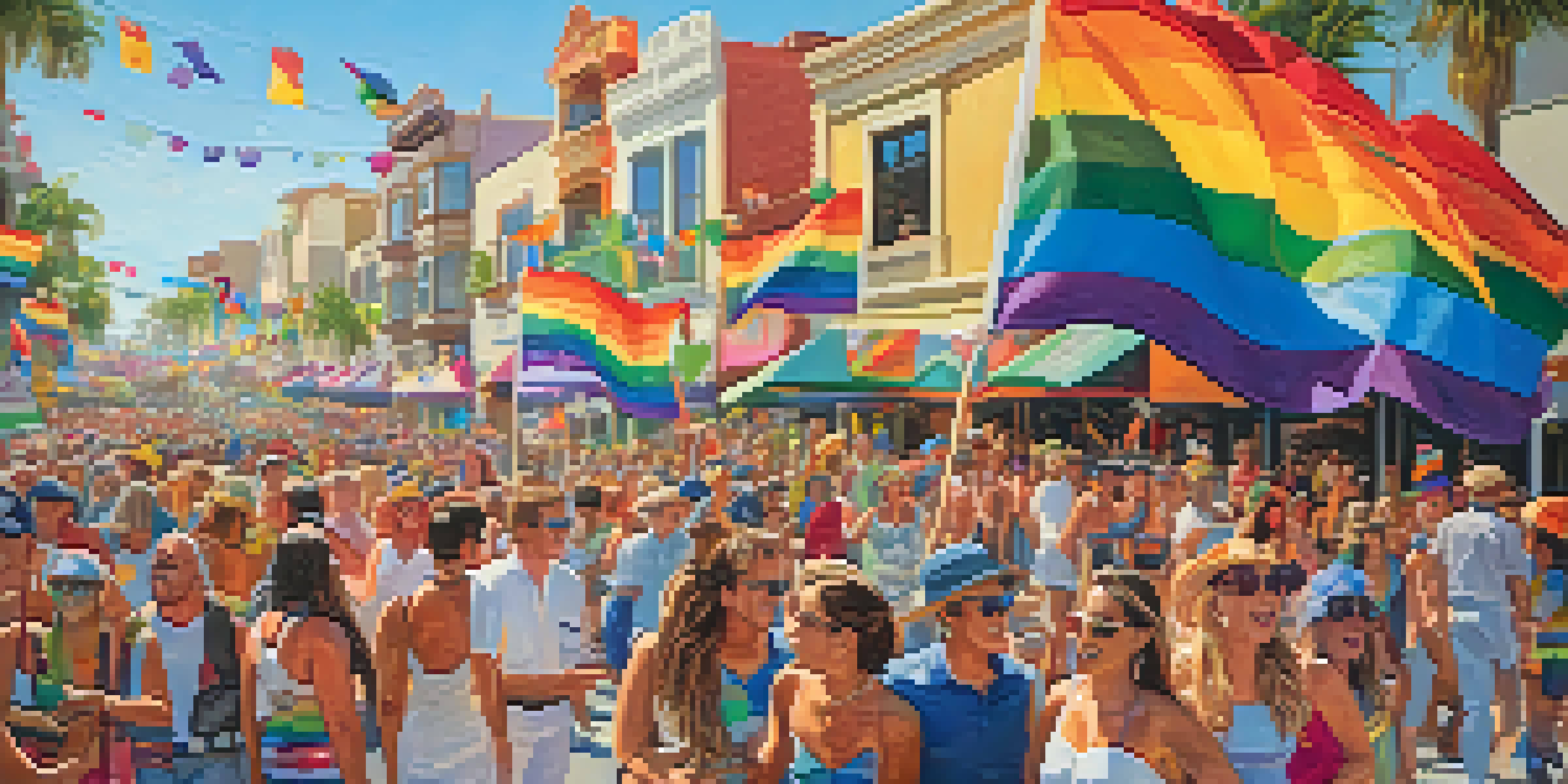 A lively parade with colorful floats, participants in costumes, and a cheering crowd at Carlsbad's Pride Festival.
