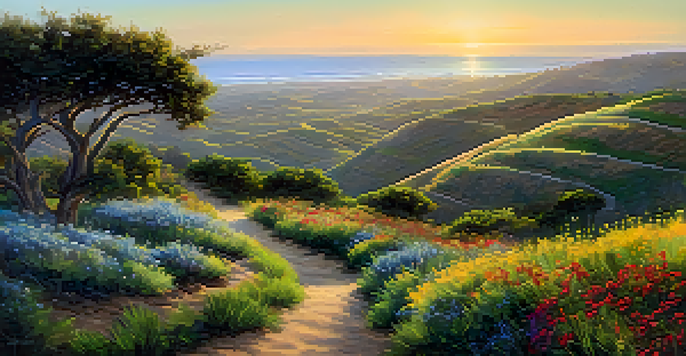 A scenic view of rolling hills in Carlsbad at sunrise, featuring lush greenery and colorful wildflowers with a sunlit dirt path.
