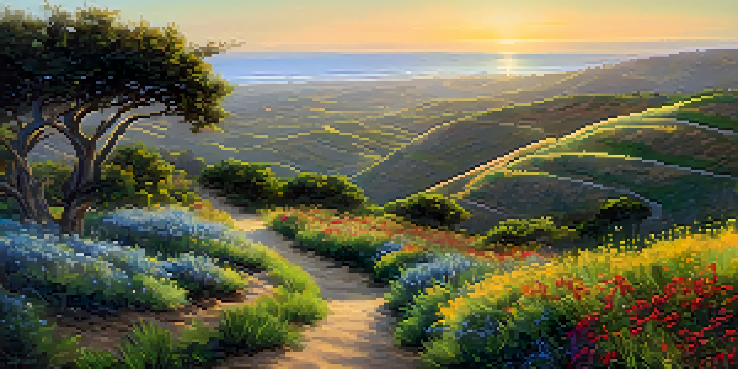 A scenic view of rolling hills in Carlsbad at sunrise, featuring lush greenery and colorful wildflowers with a sunlit dirt path.