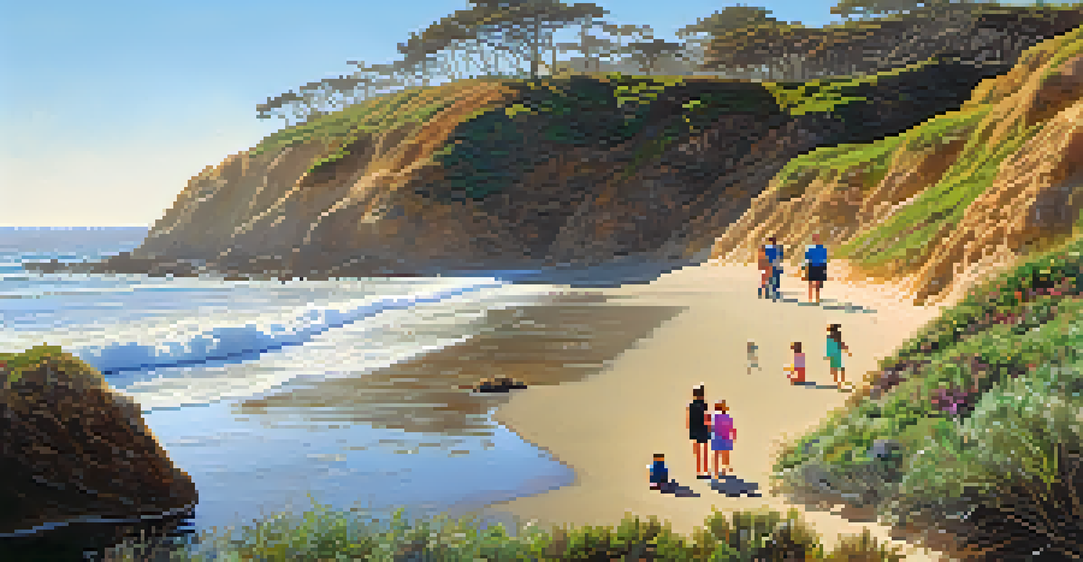 A family on a nature walk at the beach, looking at tide pools filled with sea life, surrounded by coastal plants under soft sunlight.