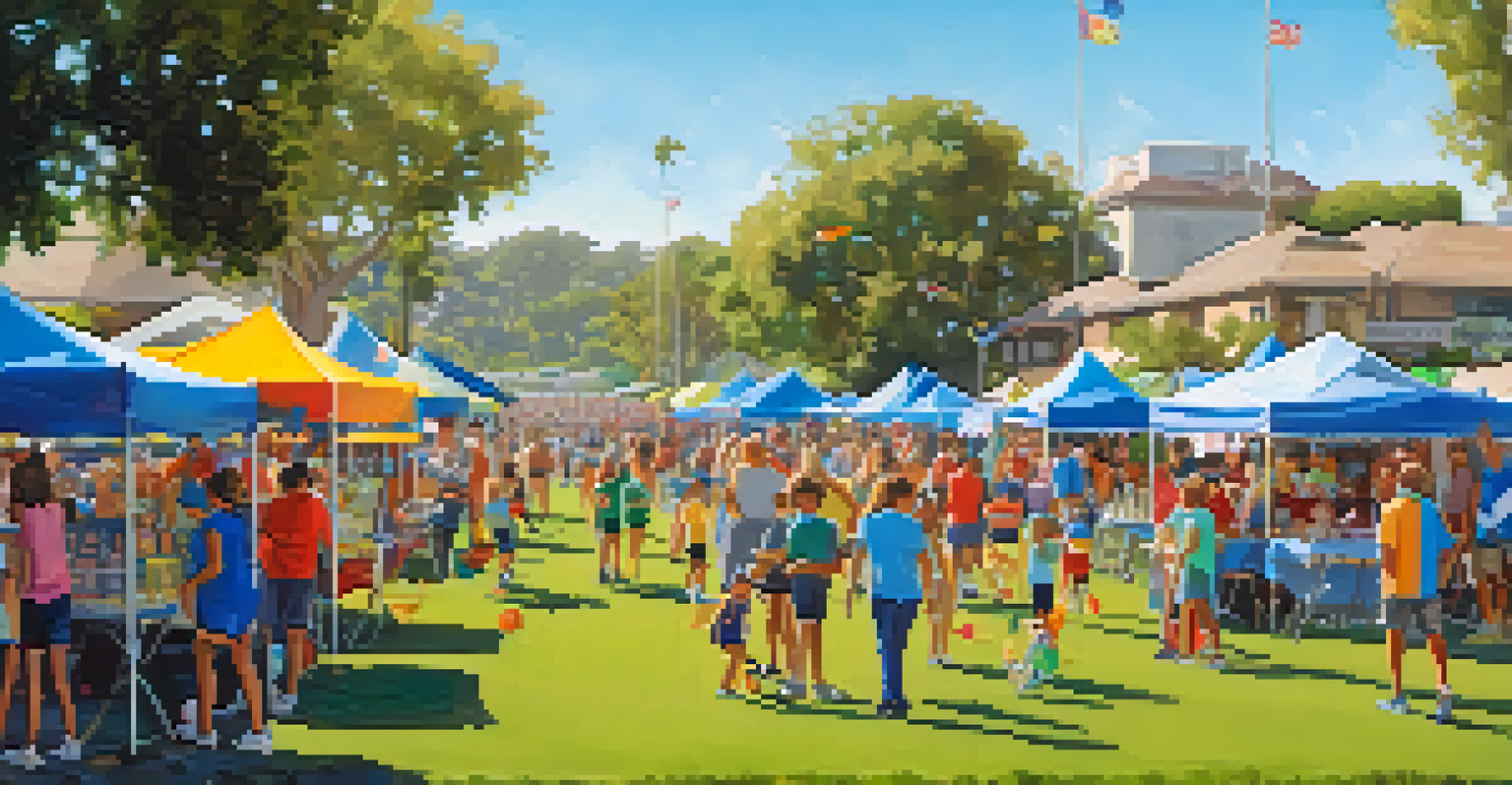 A community sports festival in a Carlsbad park with families enjoying soccer, food vendors, and colorful banners under a blue sky.