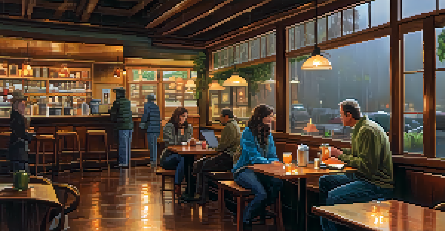 Inside a café on a rainy day in Carlsbad, with warm lighting, people enjoying drinks, and rain visible through large windows.