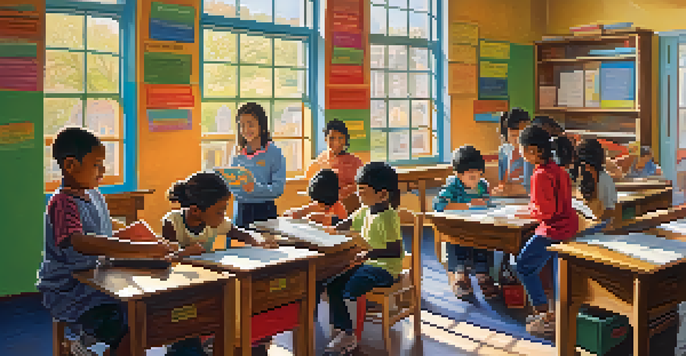 A lively classroom with children from different cultures collaborating on language learning activities, surrounded by colorful educational resources and sunlight.