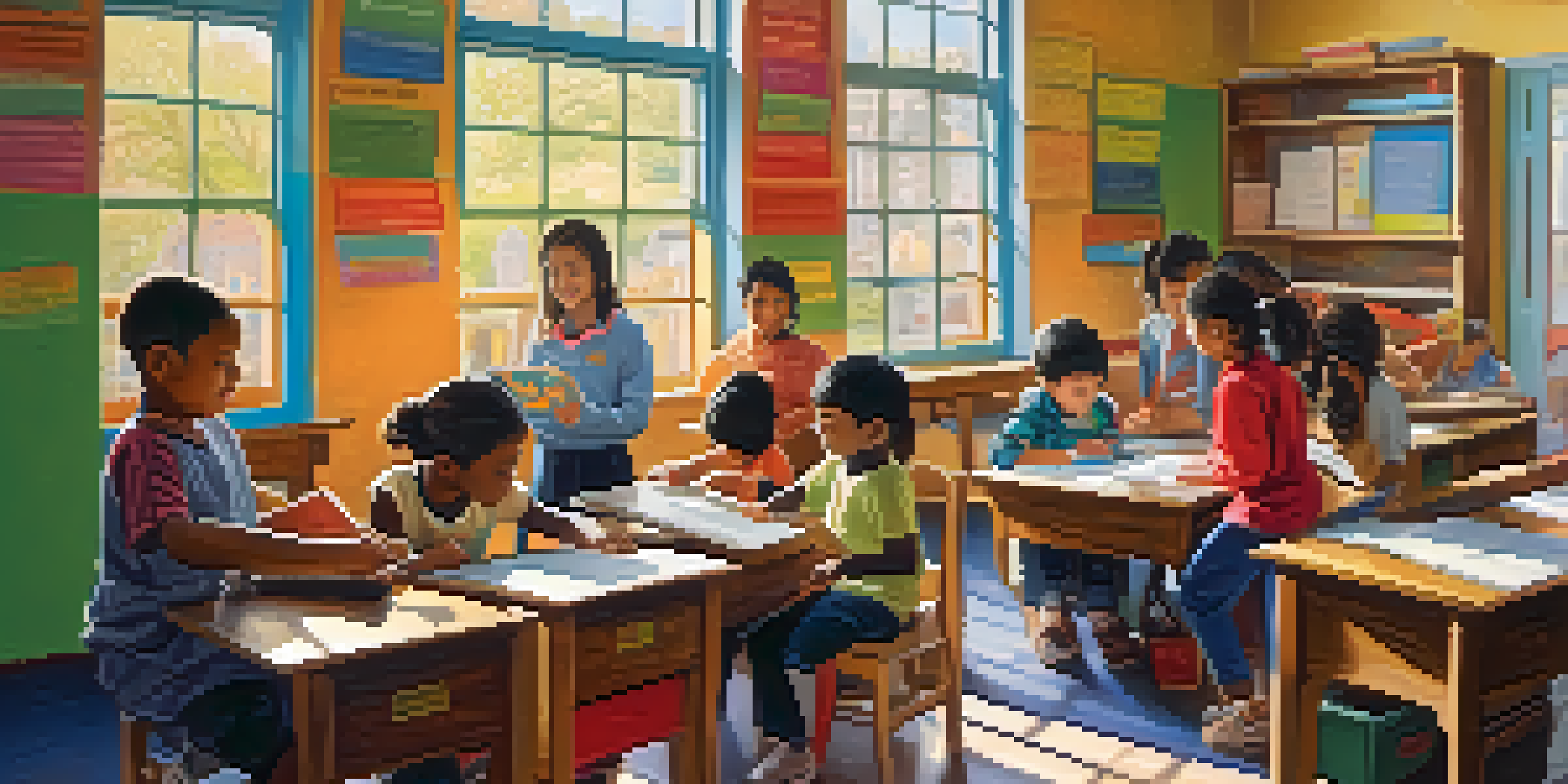A lively classroom with children from different cultures collaborating on language learning activities, surrounded by colorful educational resources and sunlight.