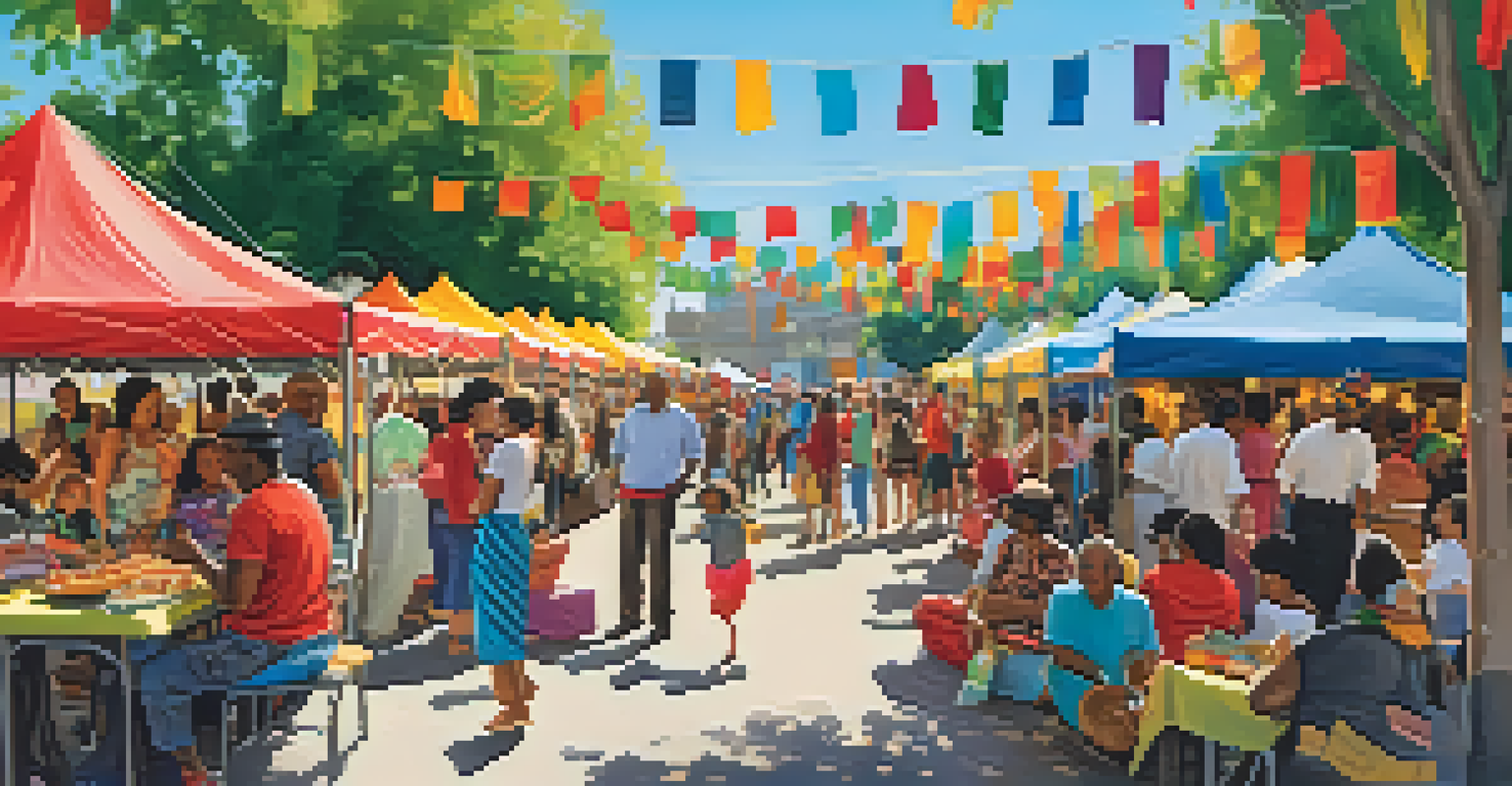 A vibrant outdoor multicultural festival with tents displaying art and food, performances on stage, and families engaging in activities.
