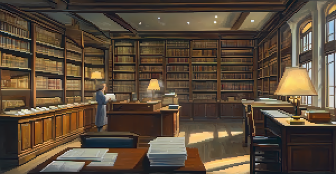 Interior of Carlsbad's local archives with shelves of historical documents and a staff member assisting a visitor.
