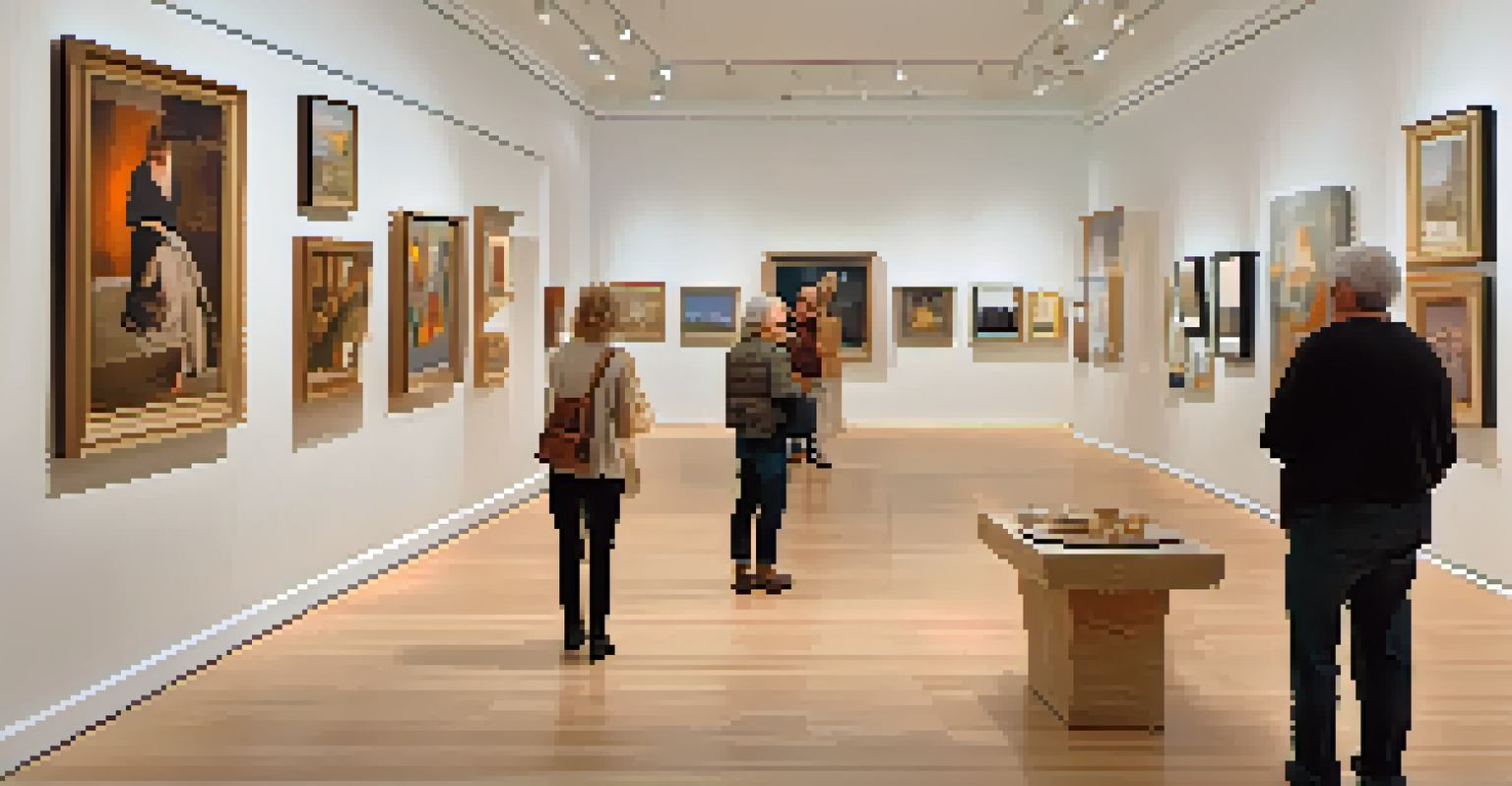 Interior of an art gallery showcasing local artists' works with visitors admiring the paintings and sculptures.