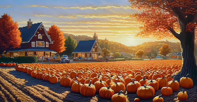 A colorful pumpkin patch in Carlsbad during autumn, with families picking pumpkins and trees in vibrant fall colors.