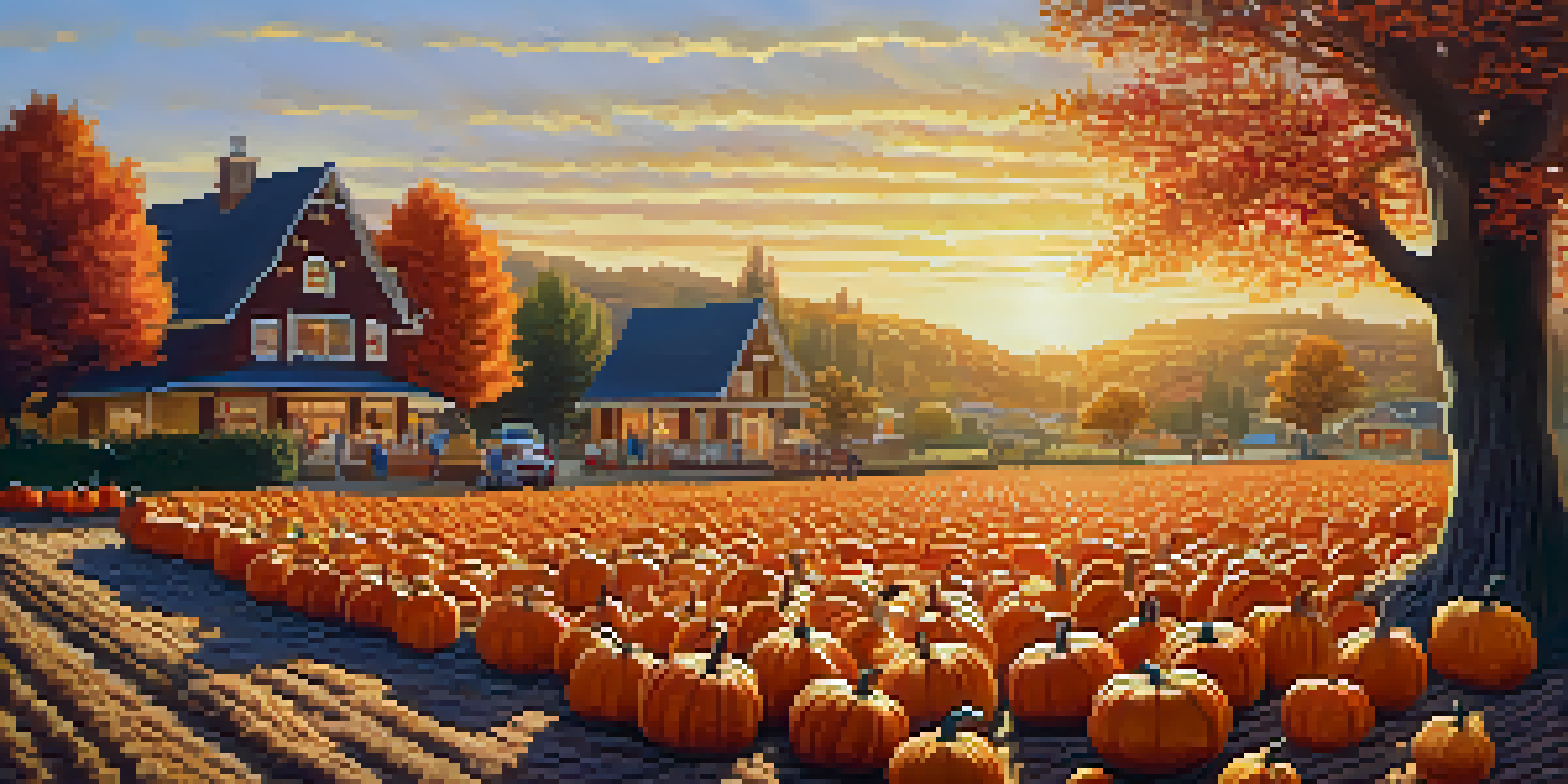 A colorful pumpkin patch in Carlsbad during autumn, with families picking pumpkins and trees in vibrant fall colors.