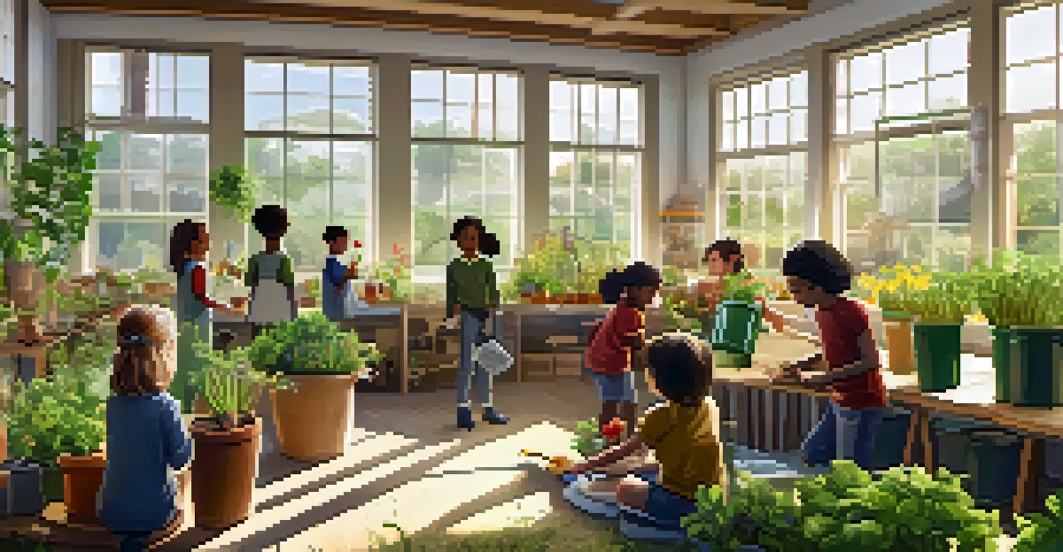 Children engaged in a gardening workshop in a bright classroom, learning about composting with plants and gardening tools around them.