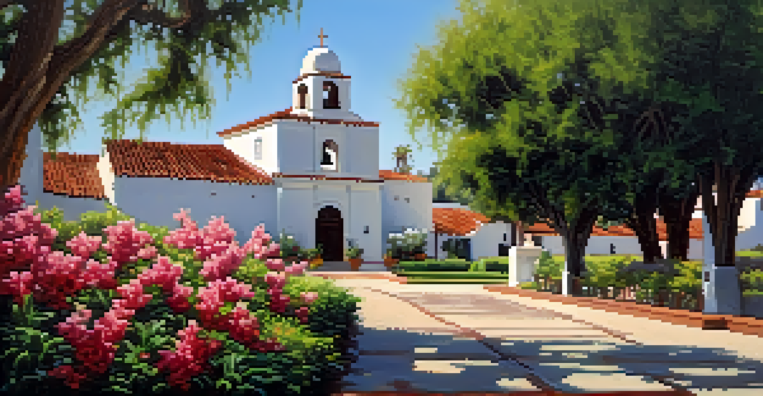 The historic Mission San Luis Rey with beautiful landscaping and sunlight filtering through the trees.