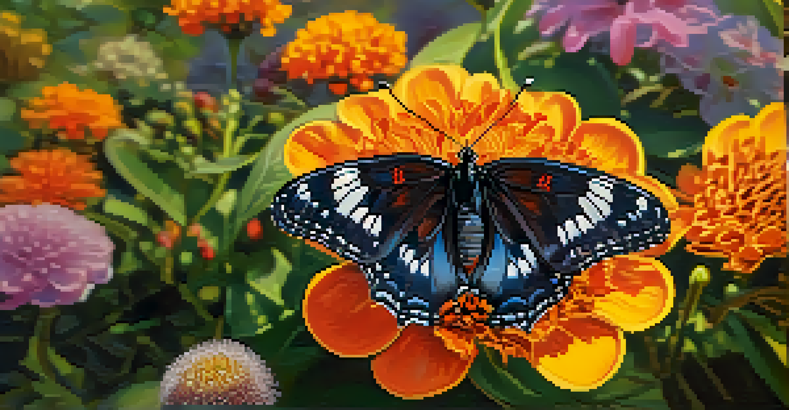 A close-up of a butterfly on a colorful flower in a community garden, with native plants in the background.