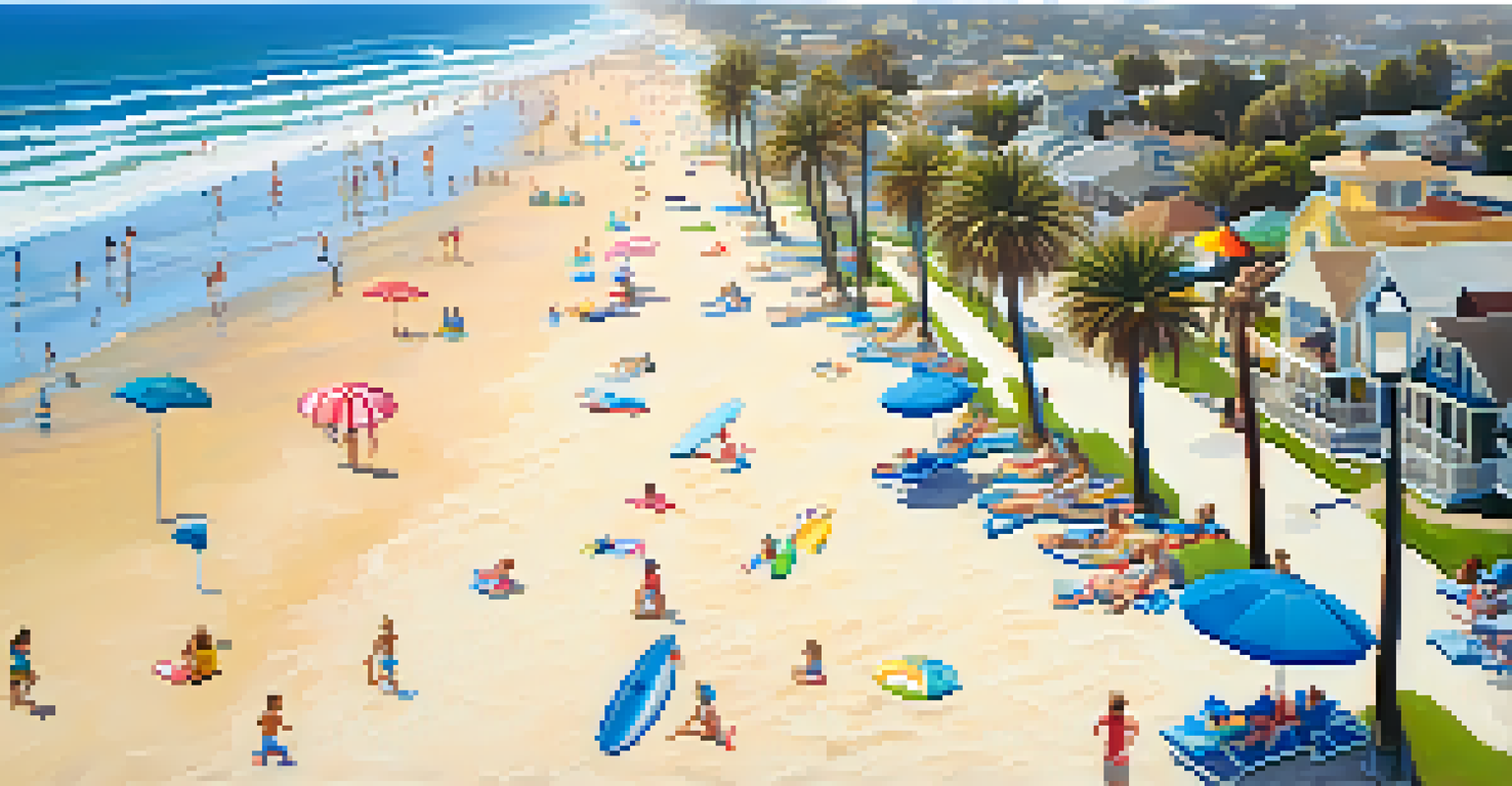 Aerial view of Tamarack Beach with families, surfers, and palm trees along the shore.