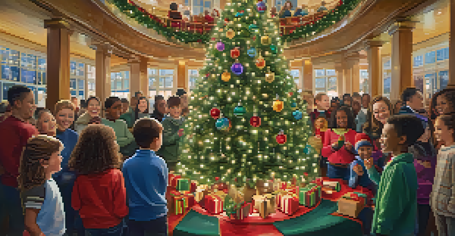 A close-up view of the beautifully decorated holiday tree, with sparkling lights and colorful ornaments, surrounded by smiling families.
