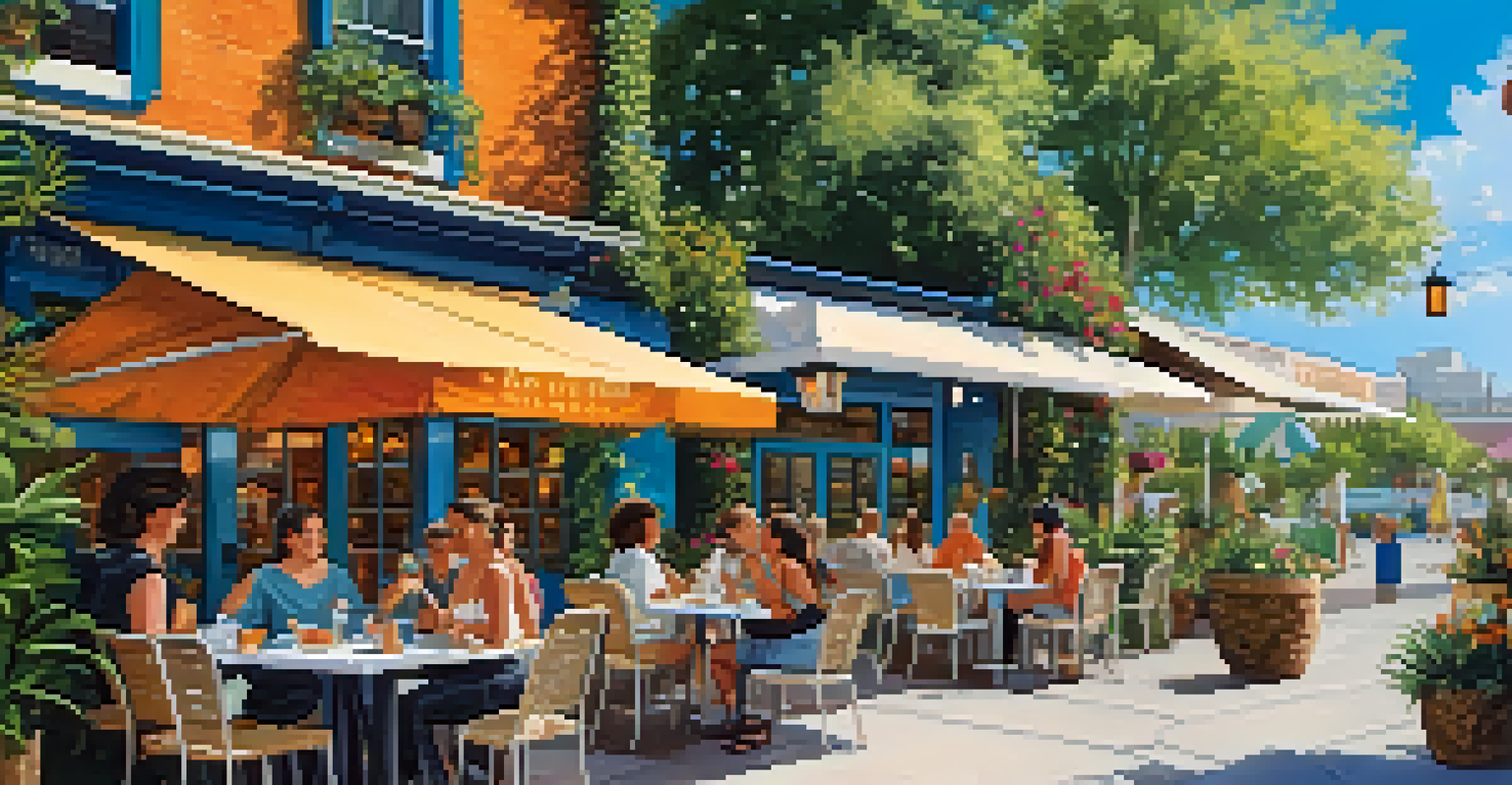 An outdoor dining area at Café Topes featuring patrons enjoying breakfast dishes in a vibrant and lush setting.