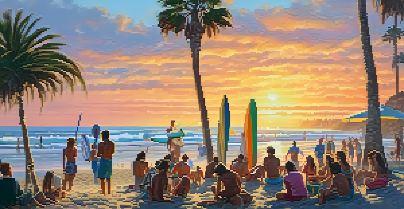 A vibrant scene at La Costa Beach with surfers, beachgoers, and friends around a bonfire during sunset.