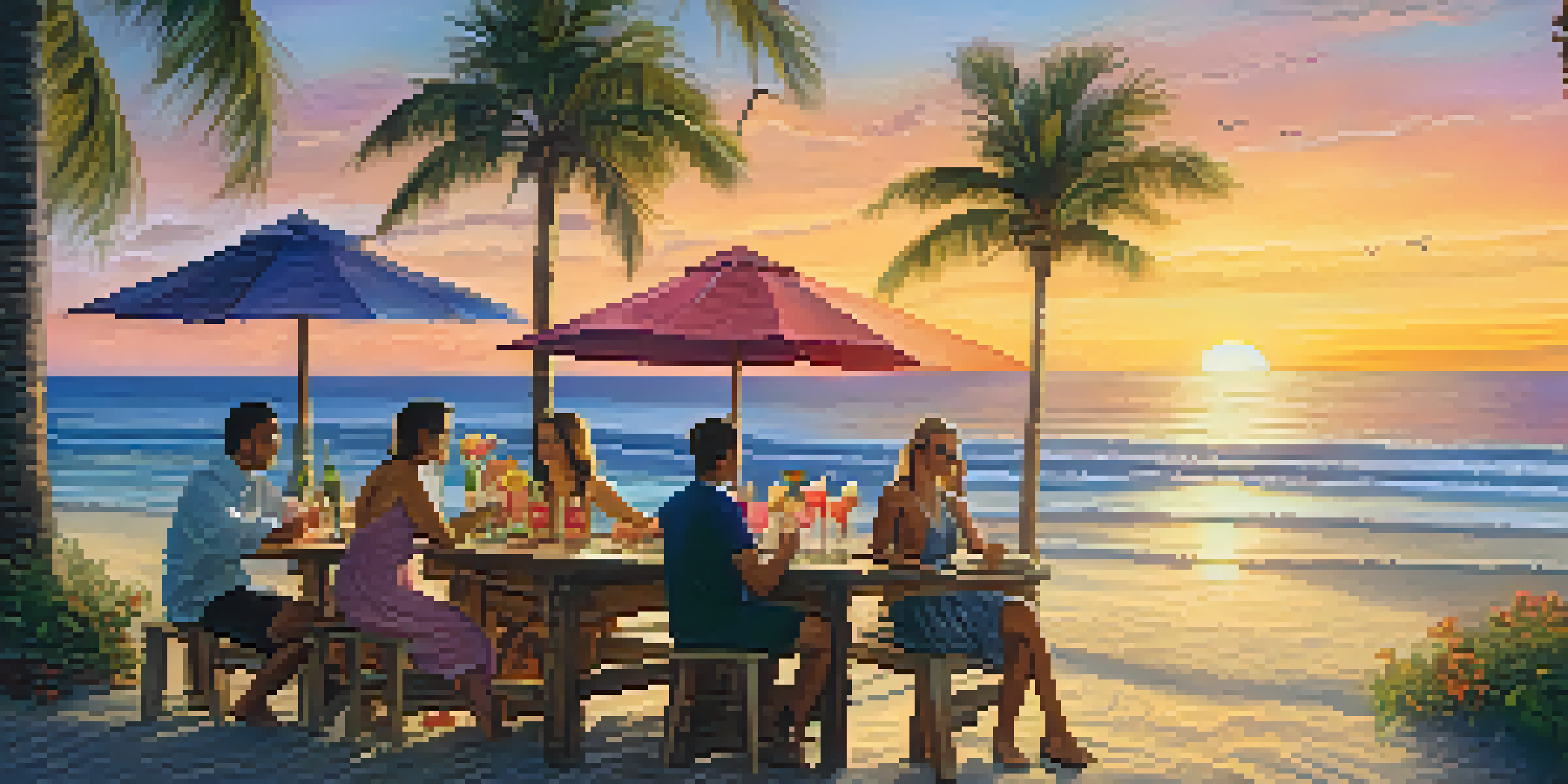 A group of friends enjoying cocktails and food at a beachside table during sunset, with the ocean and palm trees in the background.