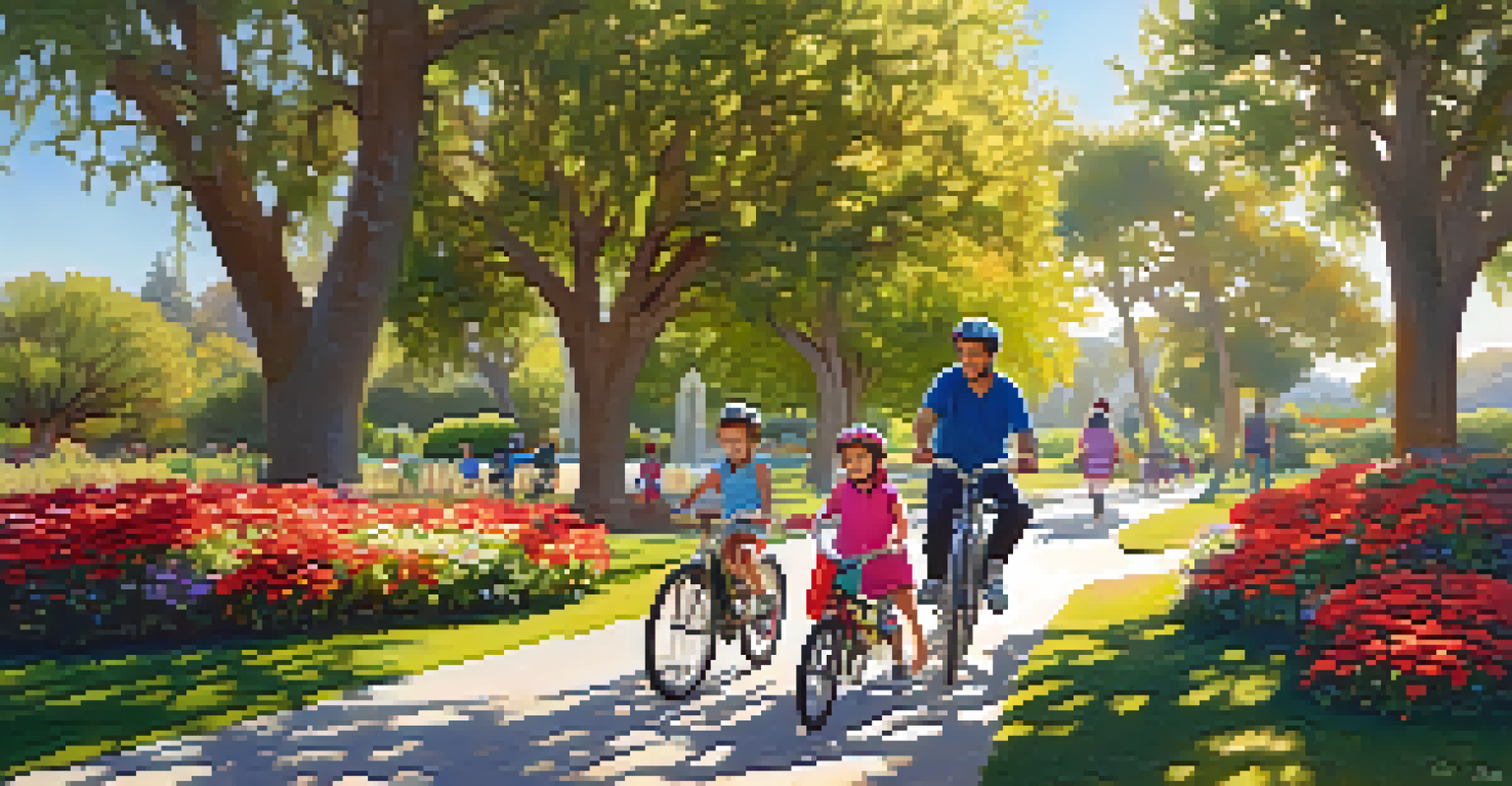 A family biking in Poinsettia Park surrounded by trees and playgrounds.