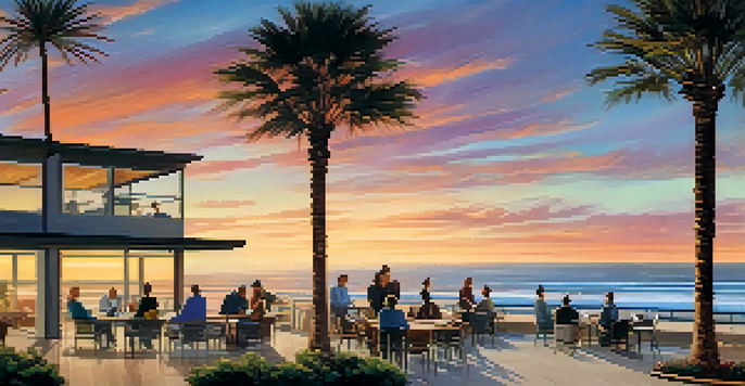 A scenic sunset over the ocean with tech professionals discussing on a beachside terrace.