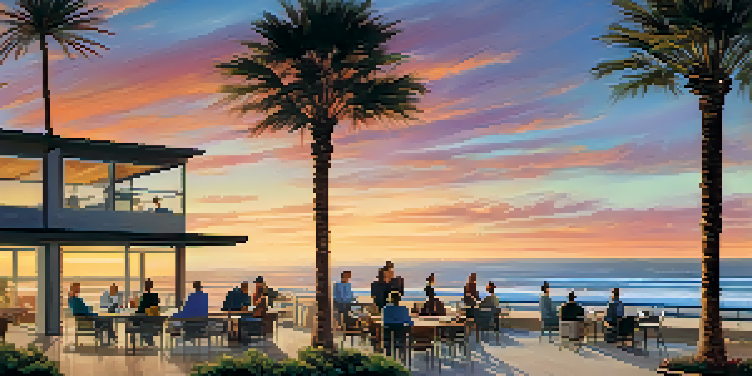 A scenic sunset over the ocean with tech professionals discussing on a beachside terrace.